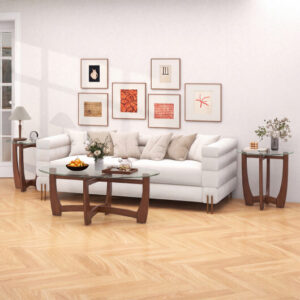 23.5 Inch Round End Side Table Set of 2 with Tempered Glass Tabletop-Walnut – Color: Walnut