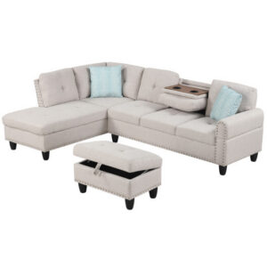 98 Inches Sectional Sofa Couch with Movable Storage Ottoman and Linen Fabric Backs-LR – Color: Beige