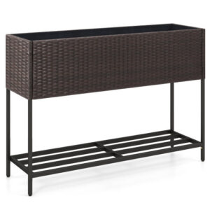 Wicker Raised Garden Bed with Storage Shelf and Drainage Gaps for Flowers