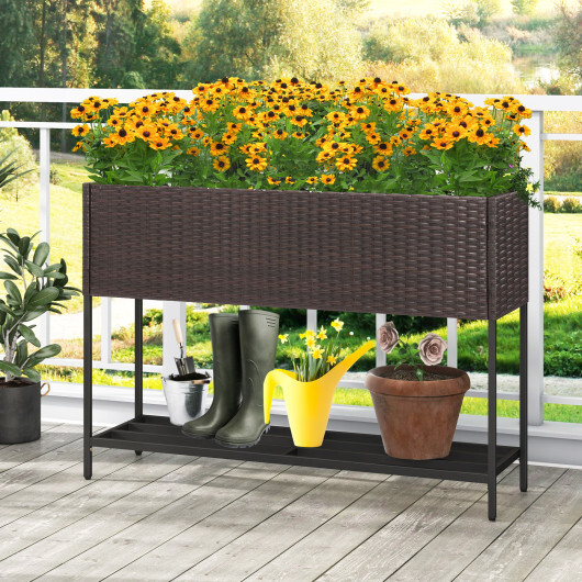 Wicker Raised Garden Bed with Storage Shelf and Drainage Gaps for Flowers - Image 2