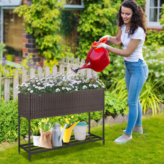 Wicker Raised Garden Bed with Storage Shelf and Drainage Gaps for Flowers - Image 3