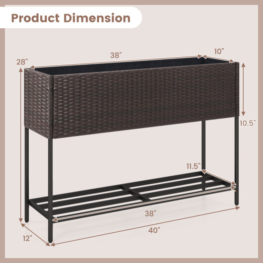 Wicker Raised Garden Bed with Storage Shelf and Drainage Gaps for Flowers - Image 5