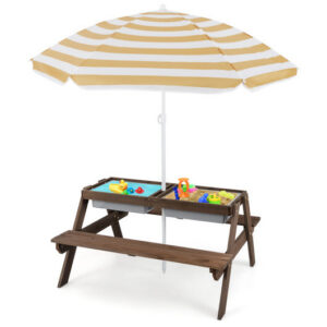 3-in-1 Kids Outdoor Picnic Water Sand Table with Removable Umbrella and Boxes-Coffee – Color: Coffee