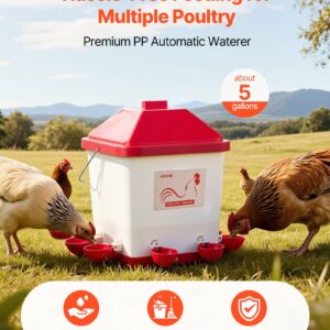 5 Gallon Automatic Chicken Waterer, 6 Water Ports, Automatic-Fill Water Cup, Automatic Gravity Waterer with Handle & Sealed Rubber Ring, Waterproof PP Material, No Waste Design, for Chicken
