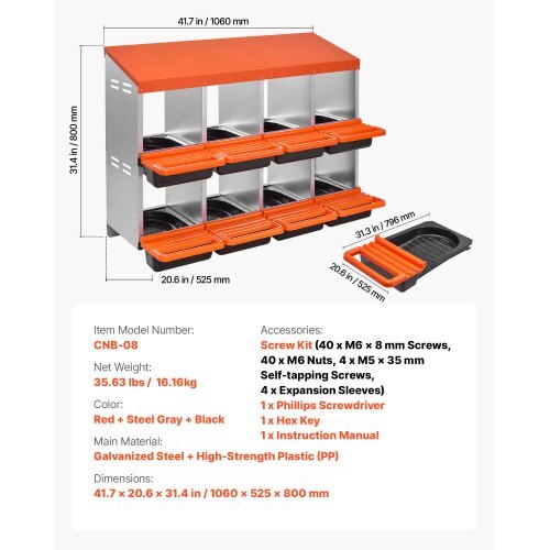 2 Tiers Chicken Nesting Boxes, 8 Compartments, Metal Egg Laying Boxes with Protective Collection Lids, Roll Out Nesting Box, Easy to Assemble, Ideal for Hens, Ducks, Chickens, and Other Poultry - Image 6