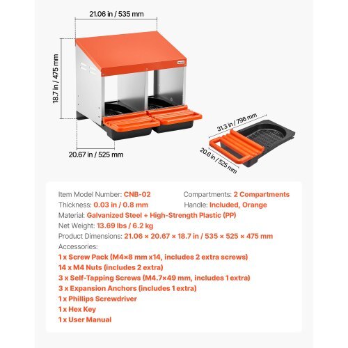 Chicken Nesting Boxes, 2 Compartments, Easy Egg Collection, Wall Mount, Easy to Assemble, Galvanized Steel and High-Strength Plastic, Roll Away Nesting Boxes for Chickens Laying Eggs, Orange - Image 6