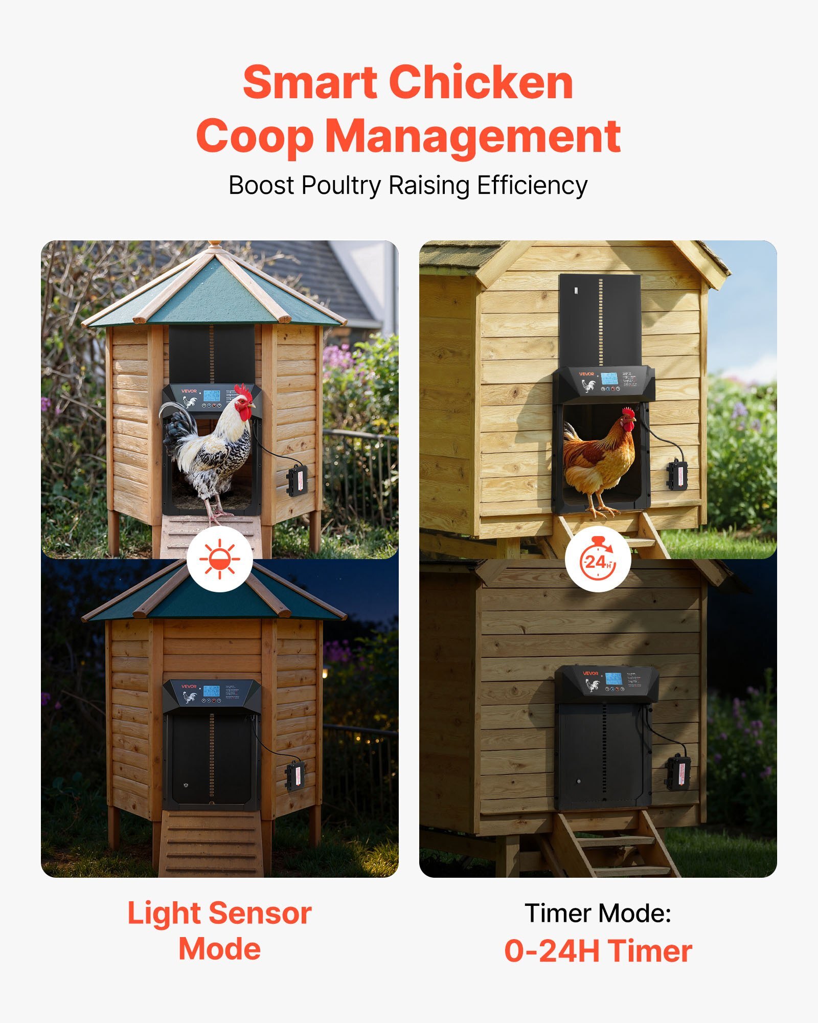 Automatic Chicken Coop Door, DC & Battery Powered Chicken Door with LCD Display, Light Sensor, Timer & Manual Setting, Anti-Pinch Security, Durable Aluminum Alloy, Chick Run Gate Opener for Farm