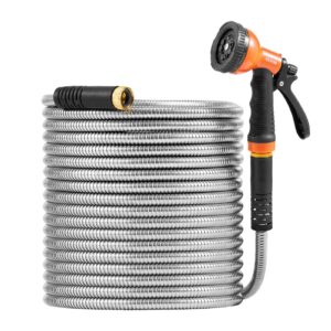 Metal Garden Hose 100 ft, Rust Proof Stainless Steel Water Hose, Heavy Duty Backyard Hose with 10 Function Nozzle, No-Kink & Flexible Water Pipe, Lightweight Metal Hose for Yard, Outdoor