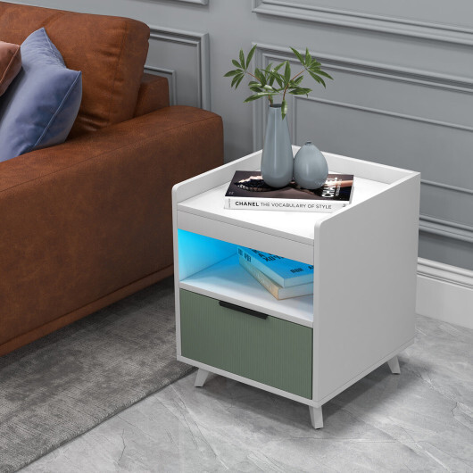 Modern Nightstand with LED Lights Sliding Drawer and Open Compartment-White - Image 2