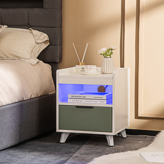 Modern Nightstand with LED Lights Sliding Drawer and Open Compartment-White - Image 3
