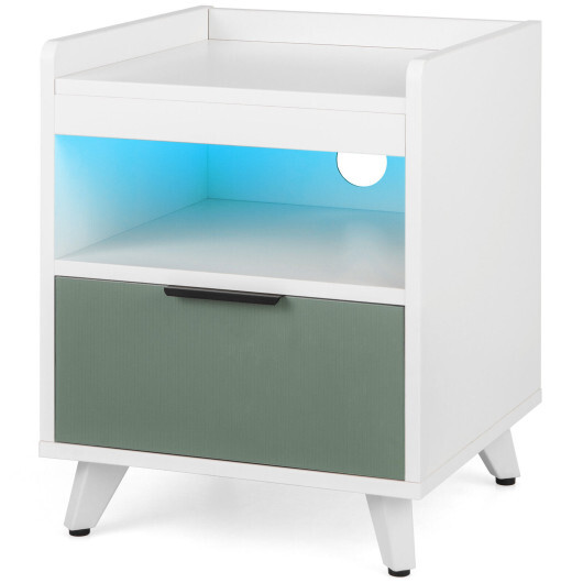Modern Nightstand with LED Lights Sliding Drawer and Open Compartment-White - Image 4