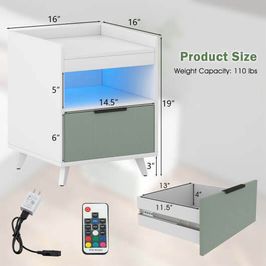 Modern Nightstand with LED Lights Sliding Drawer and Open Compartment-White - Image 5
