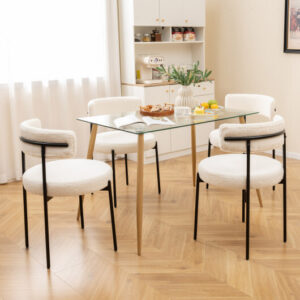 Boucle Dining Chair with Curved Backrest and Metal Legs Set of 4-White