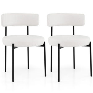 Boucle Dining Chair with Curved Backrest and Metal Legs Set of 2-White – Color: White