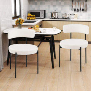 Boucle Dining Chair with Curved Backrest and Metal Legs Set of 2-White – Color: White