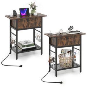 Set of 2 End Table with Charging Station and Hidden Compartment-Rustic Brown – Color: Rustic Brown