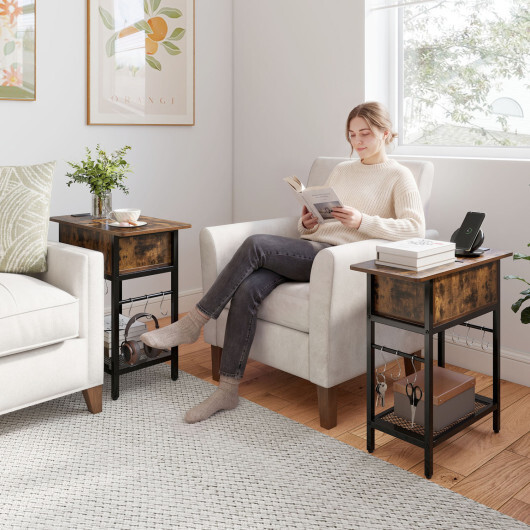 Set of 2 End Table with Charging Station and Hidden Compartment-Rustic Brown - Color: Rustic Brown - Image 2