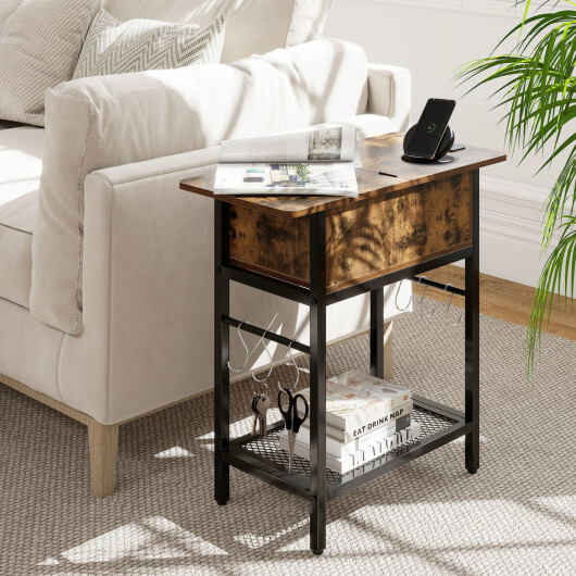 Set of 2 End Table with Charging Station and Hidden Compartment-Rustic Brown - Color: Rustic Brown - Image 3