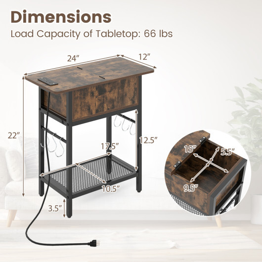 Set of 2 End Table with Charging Station and Hidden Compartment-Rustic Brown - Color: Rustic Brown - Image 4