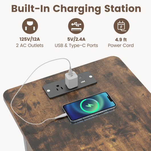 Set of 2 End Table with Charging Station and Hidden Compartment-Rustic Brown - Color: Rustic Brown - Image 5