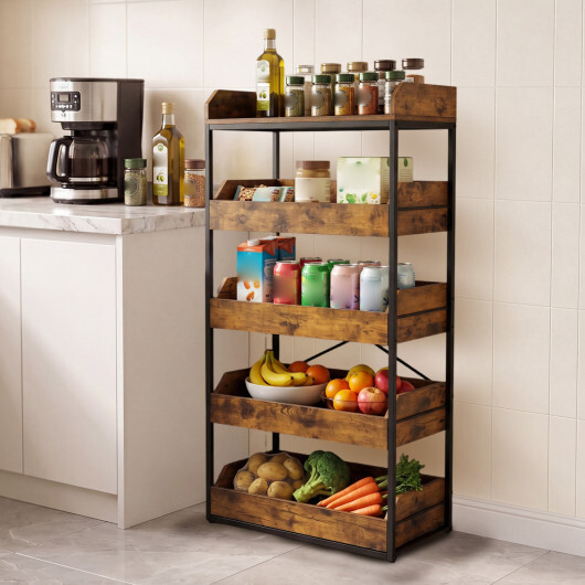 5-Tier Food Storage Rack with 4 Pull-out Drawers and Adjustable Feet-Rustic Brown - Image 3