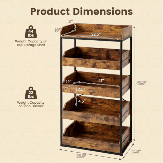 5-Tier Food Storage Rack with 4 Pull-out Drawers and Adjustable Feet-Rustic Brown - Image 5