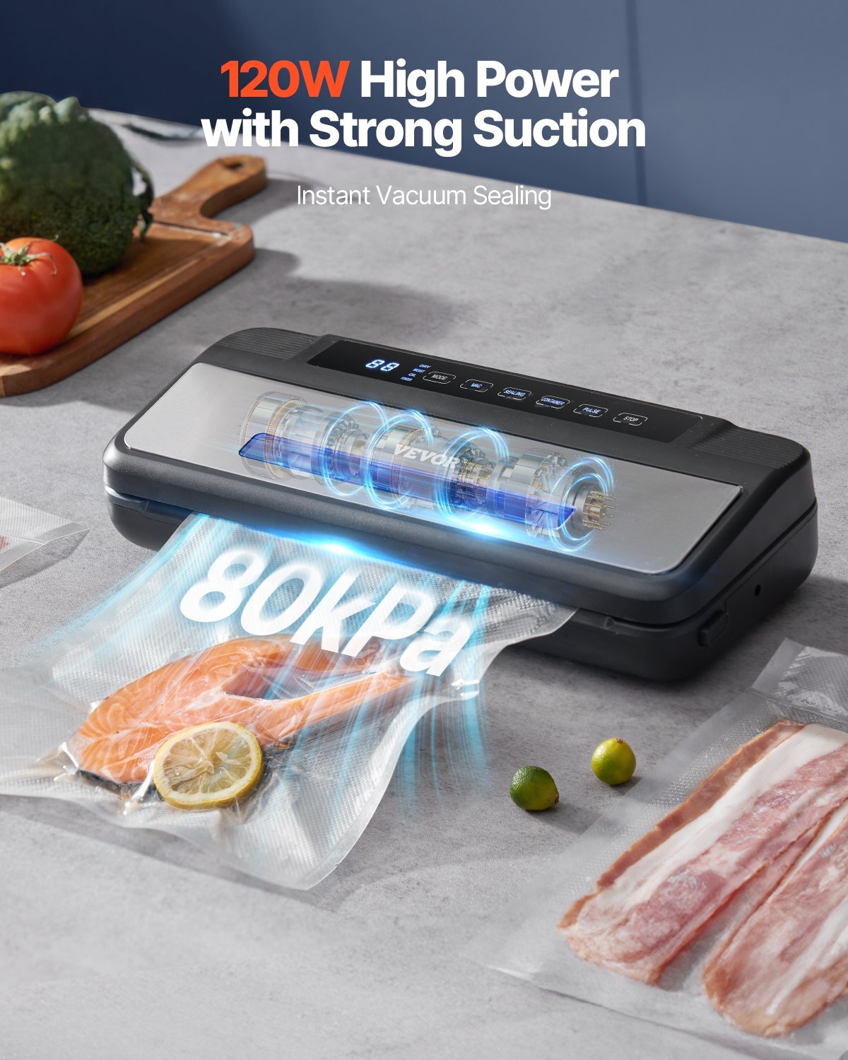 Vacuum Sealer Machine, 80Kpa 120W Powerful Compact Food Sealer, 7-in-1 Multi-Functional Food Vacuum Sealer, Automatic Air Sealing System with Built-in Cutter with 10 Vacuum Bags & 1 Bag Roll - Image 2