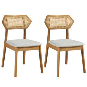 Mid Century Rattan Dining Chairs Set of 2 with Rattan Back and Solid Wood Frame-Natural – Color: Natural