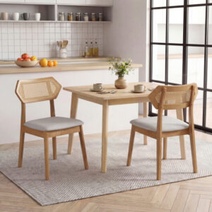 Mid Century Rattan Dining Chairs Set of 2 with Rattan Back and Solid Wood Frame-Natural – Color: Natural