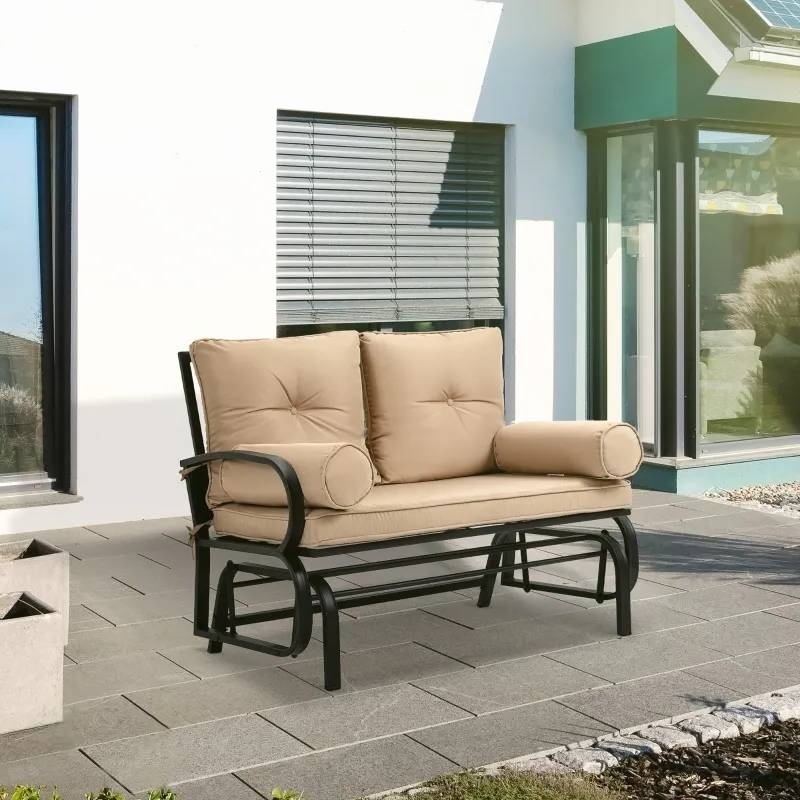 Outdoor Garden Patio Rocking Glider Chair Loveseat with Tan Khaki Cushions - Image 2