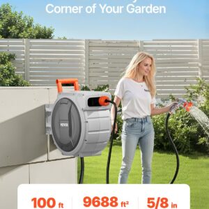 Retractable Garden Hose Reel, 5/8 Inch x 100 ft Wall Mounted Hose Reel, Heavy Duty Garden Hose Reel with 9 Patterns Nozzle, Any Length Lock, Upgraded Slow Return System and 180?°Swivel Bracket
