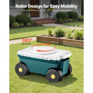 Garden Scooter with Seat, 2 in 1 Rolling Garden Cart with Storage Bin, Supports up to 227 lbs, Outdoor Wagon, Lightweight Storage Gardening Stool for Yard Weeding Planting