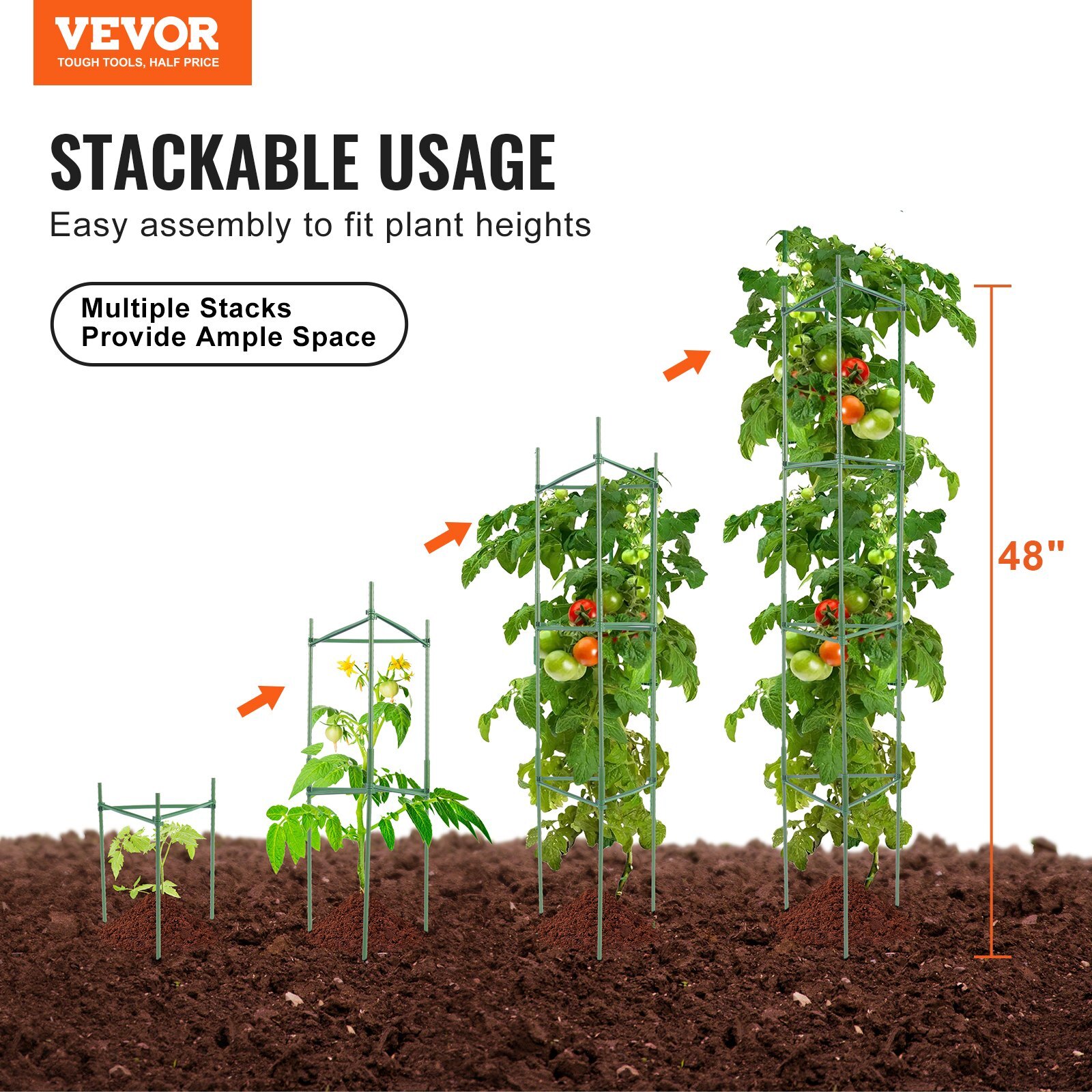 6 Packs Tomato Cages for Garden, 48 inch Tomato Trellis Plant Stakes Support, Stackable Tall Plant Support Cage, for Raised Garden Bed, Vegetables Flowers and Climbing Plants - Image 2