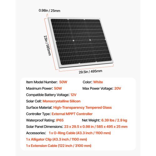 50W 12V Solar Battery Charger Maintainer, Mono Solar Panel Trickle Battery Charger with Upgraded MPPT Controller, IP65 Waterproof for Car Boat RV Trailer Flat Rooftop (Bracket Not Included) - Image 6