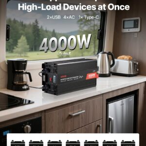 4000W Power Inverter, 12V DC to 120V AC Modified Sine Wave Inverter, Solar Car Charger Converter with LCD Display, Remote Control, 2 USB Ports, 4 AC Outlets, Type-C Port, for RV, Truck Outdoor