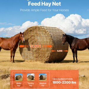 Round Bale Hay Net, 5.91 x 5.91 x 5.91 ft, 1.65 inch Holes, PE Material, Knotless Design, with Zip Ties, Needle Shuttle, Repair Twine and Storage Bag, Slow Feeder Round Bale Net for Horses