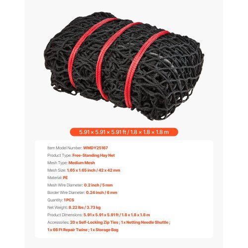 Round Bale Hay Net, 5.91 x 5.91 x 5.91 ft, 1.65 inch Holes, PE Material, Knotless Design, with Zip Ties, Needle Shuttle, Repair Twine and Storage Bag, Slow Feeder Round Bale Net for Horses - Image 6