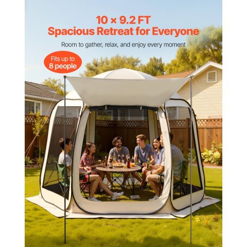Screen House Tent, 10 x 9.2 ft, 4-8 Person Pop Up Screen Tent with Extended Awning, Portable Screened in Canopy with Carry Bag, Netting Sides, for Patio, Backyard, and Outdoor Activities, Beige - Image 2