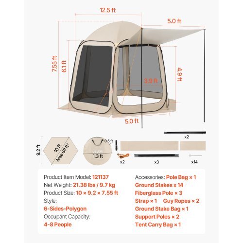 Screen House Tent, 10 x 9.2 ft, 4-8 Person Pop Up Screen Tent with Extended Awning, Portable Screened in Canopy with Carry Bag, Netting Sides, for Patio, Backyard, and Outdoor Activities, Beige - Image 6