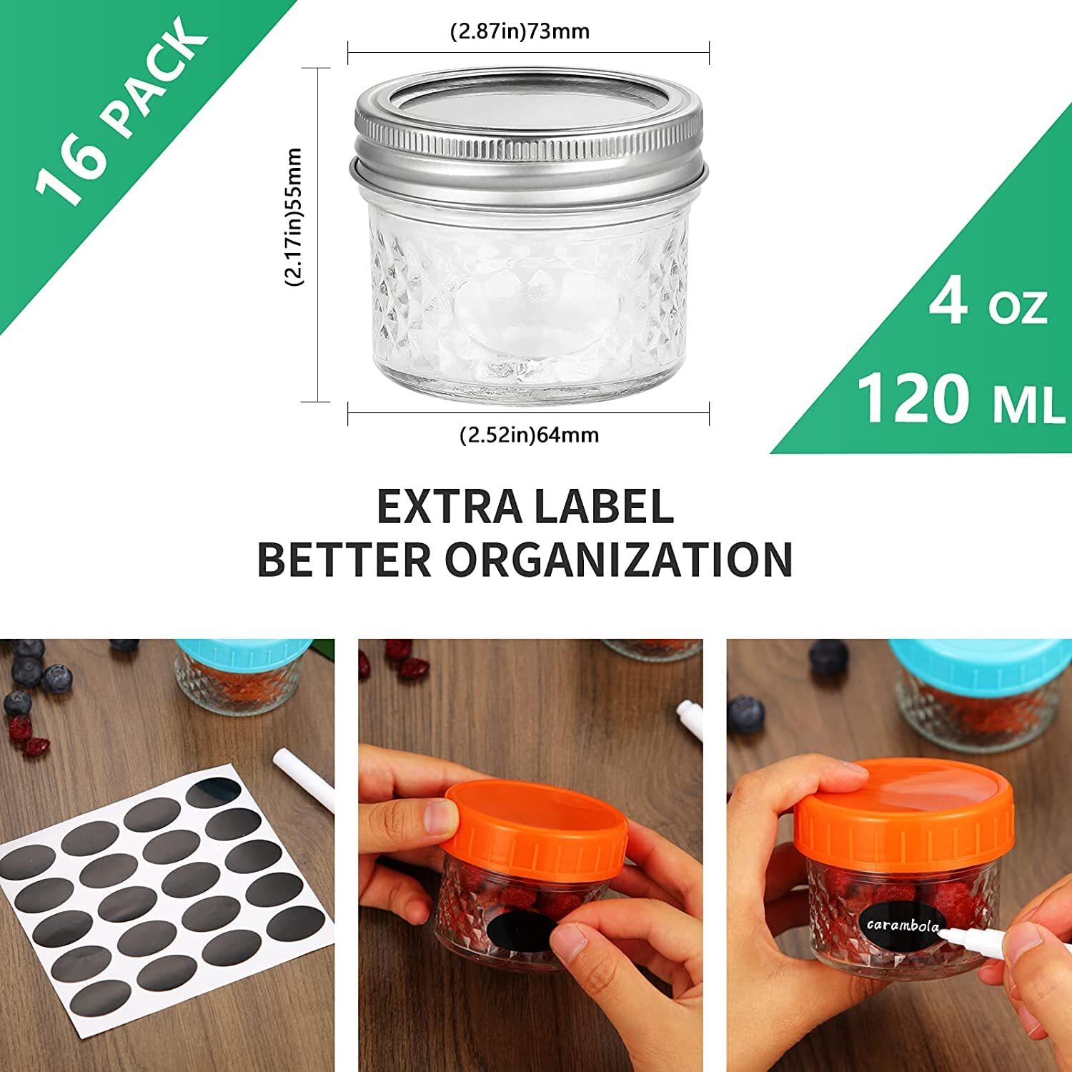 US CIBEAT Small Mason Jars Jelly Jars with Lids 4oz 16 Pack Glass Canning Jars for Honey Yogurt - Image 3