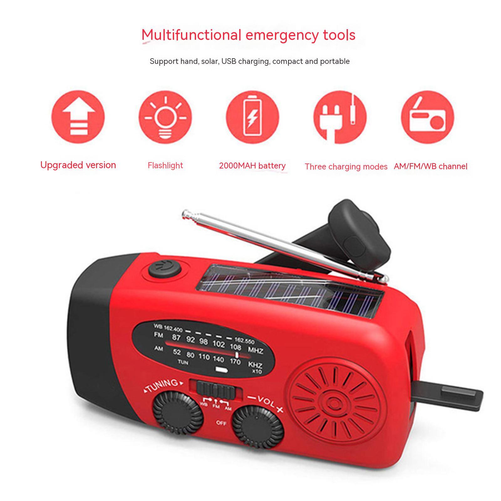 Portable Emergency Solar Radio 2000mah Battery Power Bank Charger Waterproof Super Bright Flash Light Red - Image 2