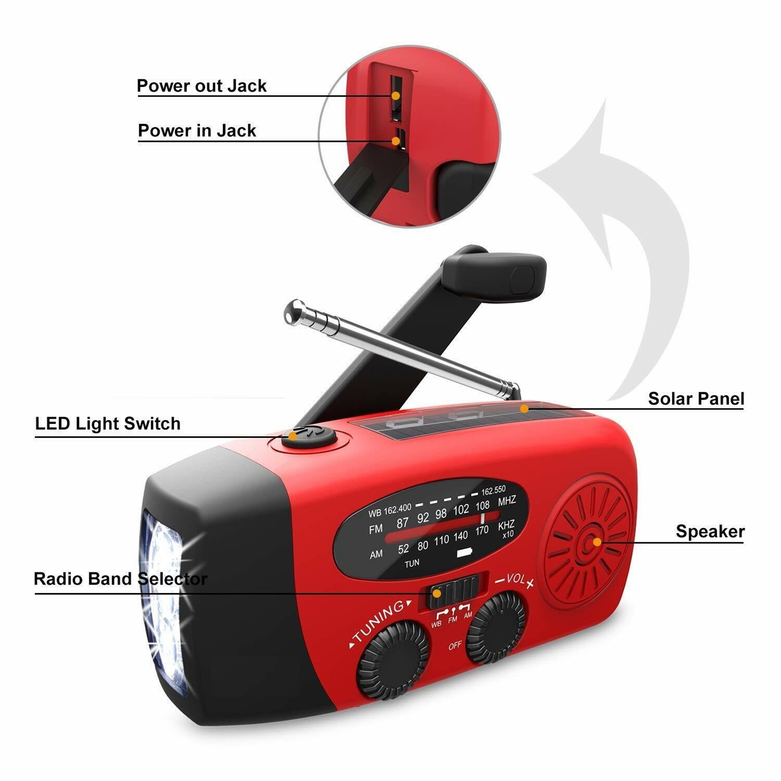 Portable Emergency Solar Radio 2000mah Battery Power Bank Charger Waterproof Super Bright Flash Light Red - Image 4