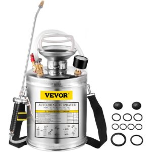 1 Gallon Stainless Steel Sprayer, 12″ Wand & 3FT Reinforced Hose, Hand Pump Sprayer with Pressure Gauge, Safety Valve & Adjustable Nozzle, Garden Weed Sprayer for Lawn, Gardening, Sanitizing
