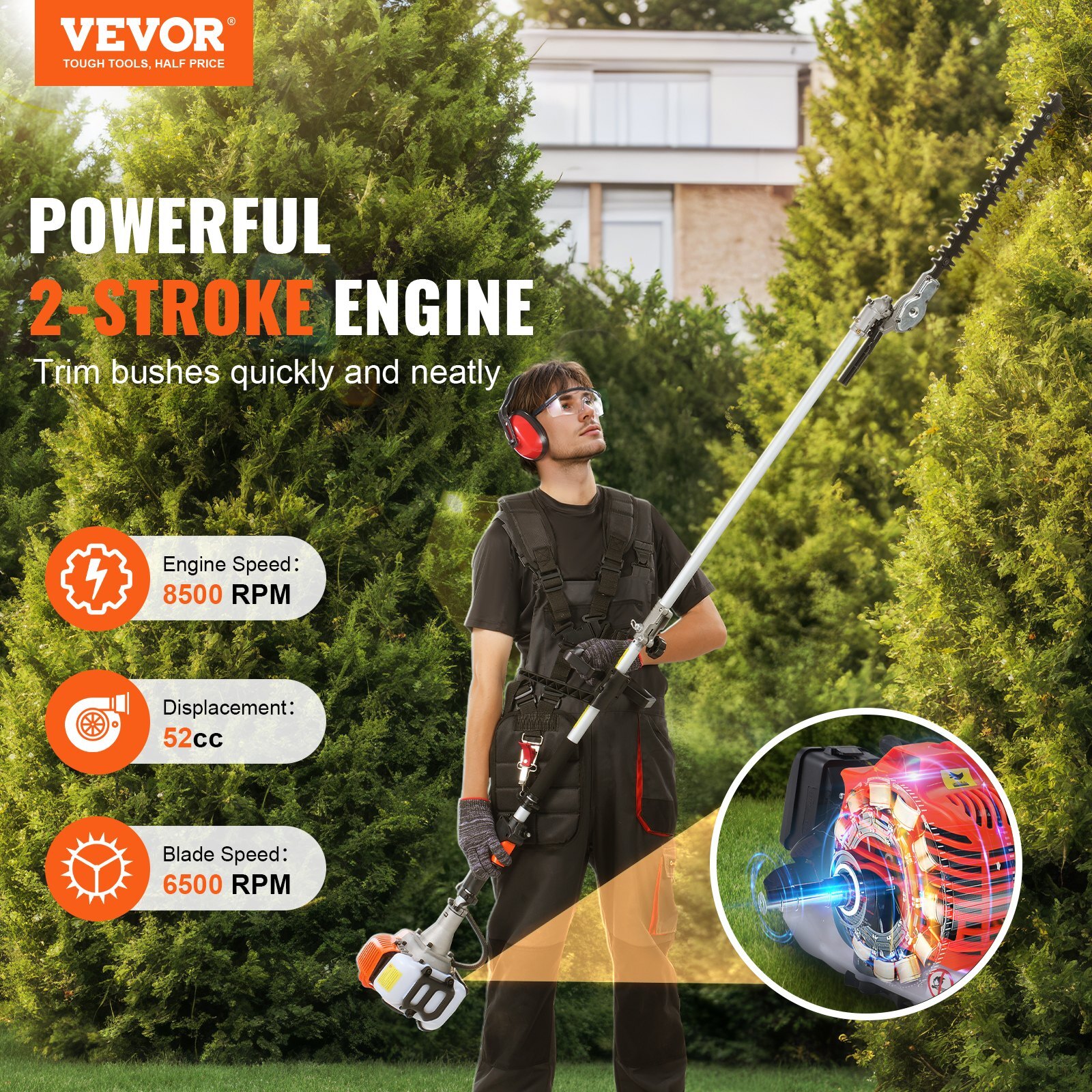 52CC 6-in-1 Multi-Functional Trimming Tools, Gas Hedge Trimmer, Weed Eater, String Trimmer, Brush Cutter, Edger, Pole Saw Chainsaw Pruner with Extension Pole - Image 2