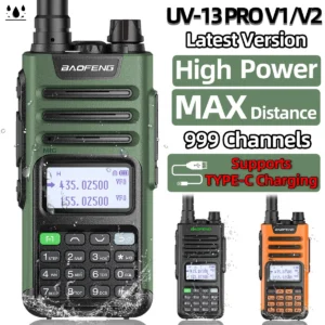 Plug standard: EURO, Color: Dark green – BaoFeng UV-13 PRO V1 V2 High Power Dual Band Walkie Talkie Type C Charger 16 KM Long Range UV13 Transceiver Ham Two Way Radio
