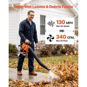 Gas Leaf Blower, 25.4CC 4-Stroke Gas Powered Handheld Leaf Blower with 0.75L Fuel Tank, 340 CFM Air Volume, 130 MPH Air Speed, Ideal for Lawn Care, Leaves Cleaning, Yard Debris & Snow Removal