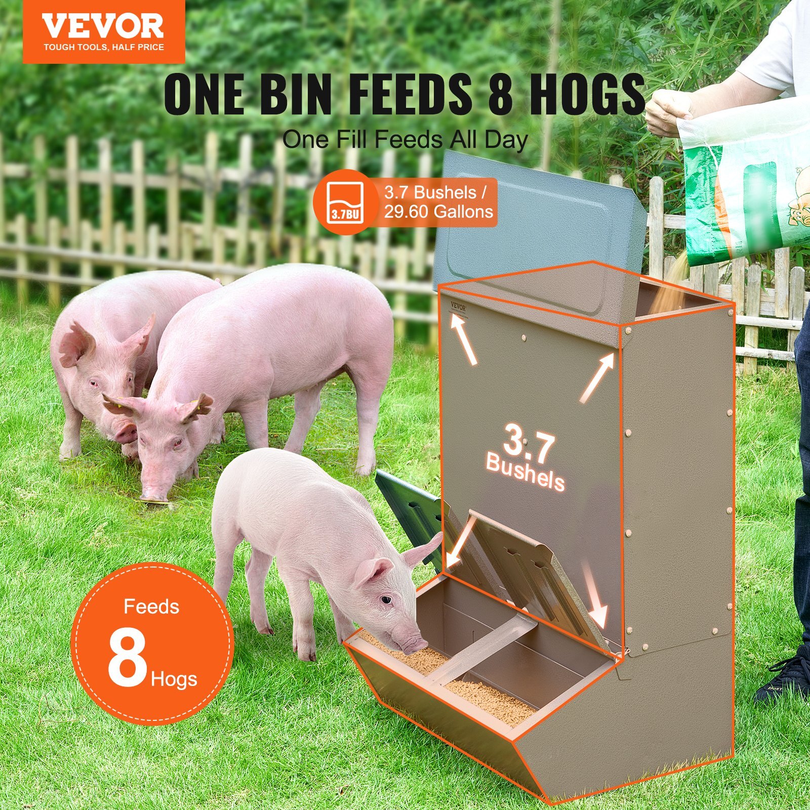 Hog Feeder, 3.7 Bushel Capacity, Double Door Pig Feeder, Heavy Duty Steel Piglets Feeder, Multipurpose Trough Creep Feeder, Outdoor Livestock Feeder Farm Accessory for Feeding up to 8 Hogs - Image 2