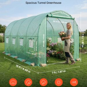 Walk-in Tunnel Greenhouse, 15 x 7 x 7 ft Hoop House Greenhouse Tunnel with Watering System, Plant Hot House with Steel Frame, PE Cover, Roll-Up Zipper Door and 8 Windows for Outdoors, Green