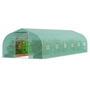 Walk-in Tunnel Greenhouse, 29.5×9.8×6.6 ft Hoop House Greenhouse Tunnel, Peaked Roof Plant Hot House with Galvanized Steel Frame, Green PE Cover, Roll-up Zipper Door and 12 Windows for Outdoor
