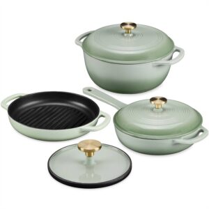 Sage 6-Piece Non-Stick Cast Iron Cookware Set – Skillet Grill Pan Dutch Oven